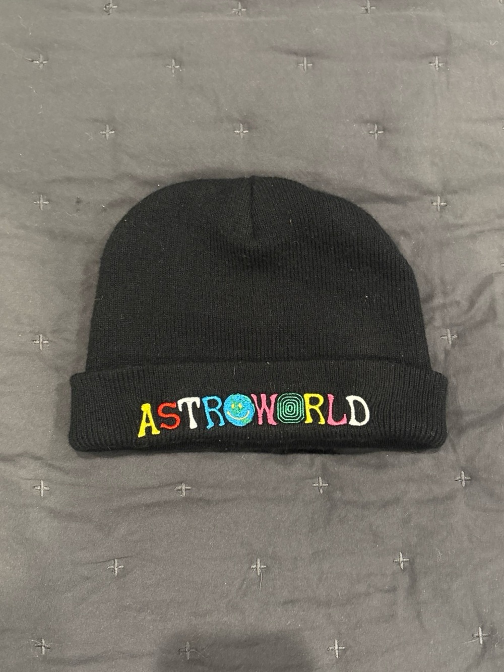 Astroworld Black Beanie Hat with Multicolor Embroidered Logo